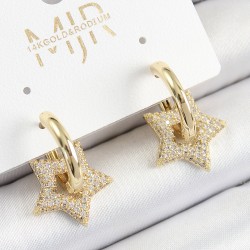 Pirinç Zirkon Taşlı Yıldız Figürlü Halka Model Gold Renk Kadın Küpe