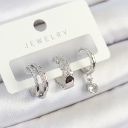 Pirinç Zirkon Taşlı Halka Model Gümüş Renk 3'lü Çift Kadın Küpe Set