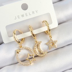 Pirinç Zirkon Taşlı Yıldız Ve Ay Model Gold Renk 3'lü Çift Kadın Küpe Set