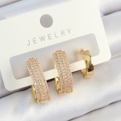Pirinç Zirkon Taşlı Damla Model Gold Renk 3'lü Çift Kadın Küpe Set