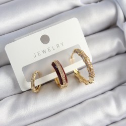 Pirinç Zirkon Taşlı Bordo Halka Model Gold Renk 3'lü Çift Kadın Küpe Set