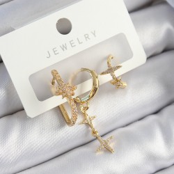 Pirinç Zirkon Taşlı Yıldız Model Gold Renk 3'lü Çift Kadın Küpe Set