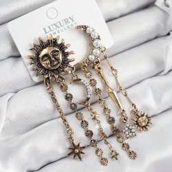 Pirinç Zirkon Taşlı Güneş Ve Ay Figürlü Eskitme Model Sallantılı Küpe