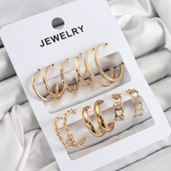 Pirinç Karışık Halka Model Gold Renk 6 Çift Kadın Küpe Set