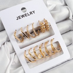 Pirinç Karışık Halka Model Gold Renk 6 Çift Kadın Küpe Set