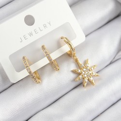 Pirinç Zirkon Taşlı Kutup Yıldızı Model Gold Renk 3'lü Set Kadın Küpe
