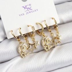 Pirinç Zİrkon Taşlı Ay ve Yıldız Model Gold Renk 3'lü Çift Kadın Küpe