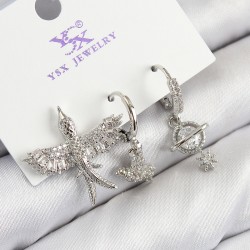 Pirinç Zirkon Taşlı 3'lü Kuş Model Gümüş Renk Kadın Küpe