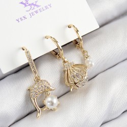 Pirinç Zirkon Taşlı 3'lü Yunus Balığı Ve İstiridye Model Gold Renk Kadın Küpe