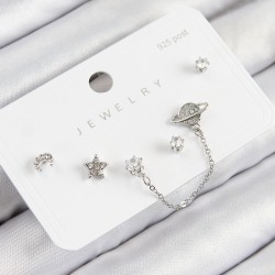 Pirinç Zirkon Taşlı Yıldız Ve Gezegen Model Gümüş Renk 925 Ayar Çivi Kadın Küpe Set