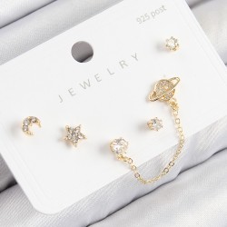 Pirinç Zirkon Taşlı Yıldız Ve Gezegen Model Gold Renk 925 Ayar Gümüş Çivi Kadın Küpe Set