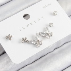 Pirinç Zirkon Taşlı Kelebek Model Gümüş Renk 925 Ayar Çivi Kadın Küpe Set
