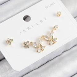 Pirinç Zirkon Taşlı Kelebek Model Gold Renk 925 Ayar Gümüş Çivi Kadın Küpe Set