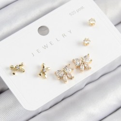 Pirinç Zirkon Taşlı Fiyonk Model Gold Renk 925 Ayar Gümüş Çivi Kadın Küpe Set