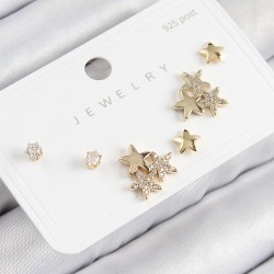 Pirinç Zirkon Taşlı Yıldız Model Gold Renk 925 Ayar Gümüş Çivi Kadın Küpe Set
