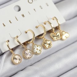 Pirinç Zirkon Taşlı Yonca Model Gold Renk 6'lı Küpe Set