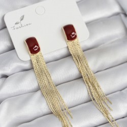 Sallantılı Bordo Mineli Gold Renk Kadın Küpe