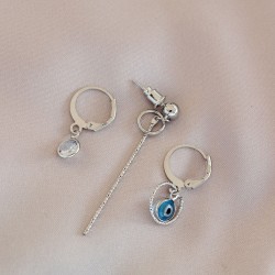 Silver Renkli Nazar Boncuklu Metal Küpe Seti