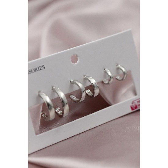Gümüş Renk Metal Halka Model Kadın Küpe Seti
