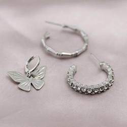 Gümüş Renk Metal Zirkon Taşlı Kelebek Model Kadın Küpe Seti