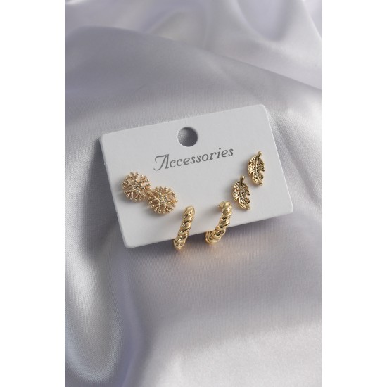 Gold Renk Sarmal Model Halka Kar Tanesi Figür Yaprak Detay Kadın Küpe Seti Gold Renk Sarmal Model Halka Kar Tanesi Figür Yaprak Detay Kadın Küpe Seti