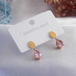 316L Çelik Gold Renk Damla Model Pembe Zirkon Taş Detay Kadın