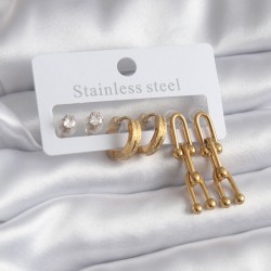 316L Çelik Gold Renk Tiffany Model Zirkon Taş Detay Kadın Küpe Seti