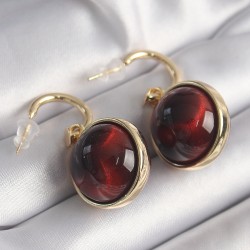 Pirinç Gold Renk Kırmızı Doğal Taşlı Vintage Kadın Küpe