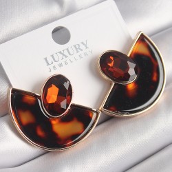 Pirinç Gold Renk Leopar Desen Yelpaze Model Vintage Kadın Küpe
