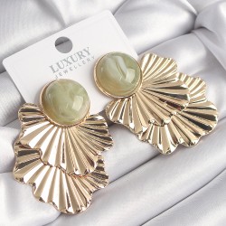 Pirinç Gold Renk Su Yeşili Mermer Desenli Boncuk Yaprak Model Vintage Kadın Küpe