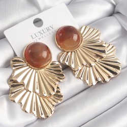 Pirinç Gold Renk Kahverengi Boncuk Yaprak Model Vintage Kadın Küpe