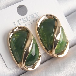 Pirinç Gold Renk Yeşil Oval Vintage Kadın Küpe