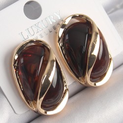 Pirinç Gold Renk Kahverengi Oval Vintage Kadın Küpe