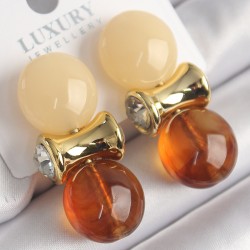 Pirinç Gold Renk Zirkon Taşlı Krem Turuncu Doğal Vintage Kadın Küpe