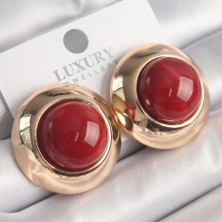 Pirinç Gold Renk Kırmızı Doğal Taşlı Daire Vintage Kadın Küpe