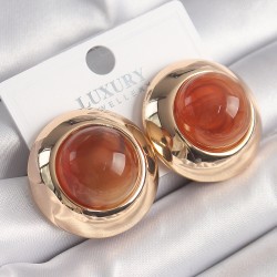 Pirinç Gold Renk Turuncu Doğal Taşlı Vintage Kadın Küpe