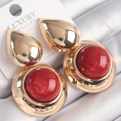 Pirinç Gold Renk Damla Model Kırmızı Doğal Taşlı Vintage Kadın Küpe