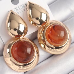 Pirinç Gold Renk Damla Model Turuncu Doğal Taşlı Vintage Kadın Küpe