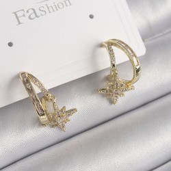 Pirinç Gold Renk Zirkon Taşlı Halka Model Yıldız Detay Kadın Küpe