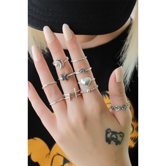 Gümüş Renkli Metal Otantik 10lu Yüzük Seti Gümüş Renkli Metal Otantik 10lu Yüzük Seti