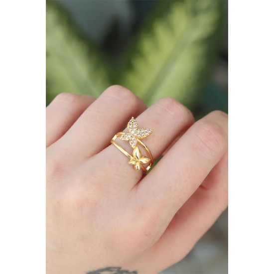 Pirinç Gold Renk Ayarlanabilir Zirkon Taşlı Kelebek Yüzük Pirinç Gold Renk Ayarlanabilir Zirkon Taşlı Kelebek Yüzük