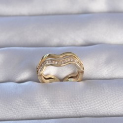 Pirinç Gold Renk Zirkon Taşlı Dalgalı Su Yolu Model Ayarlanabilir Yüzük
