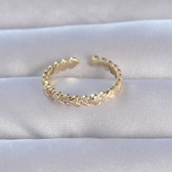 Pirinç Gold Renk Zirkon Taşlı Sıralı Kalp Model Ayarlanabilir Yüzük