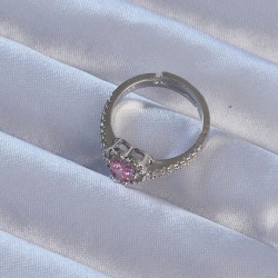 Pirinç Gümüş Renk Pembe Zirkon Taşlı Ayarlanabilir Charm Yüzük