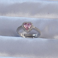 Pirinç Gümüş Renk Pembe Zirkon Taşlı Ayarlanabilir Charm Yüzük