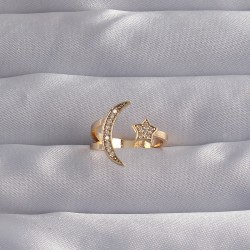 Pirinç Gold Renk Zirkon Taşlı Ay Yıldız Model Ayarlamalı Yüzük