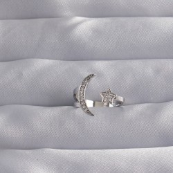 Pirinç Gümüş Renk Zirkon Taşlı Ay Yıldız Model Ayarlamalı Yüzük