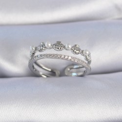 Pirinç Gümüş Renk Zirkon Taşlı İnci Detay Midye Model Kadın Yüzük