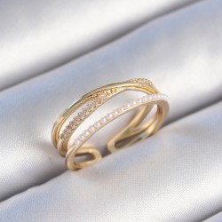 Pirinç Gold Renk Sıralı Zirkon Taş İnci Detay Çift Sıra Kadın Yüzük