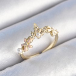 Pirinç Gold Renk Zirkon Taşlı Kelebek Çiçek Model İnci Detay Kadın Yüzük
